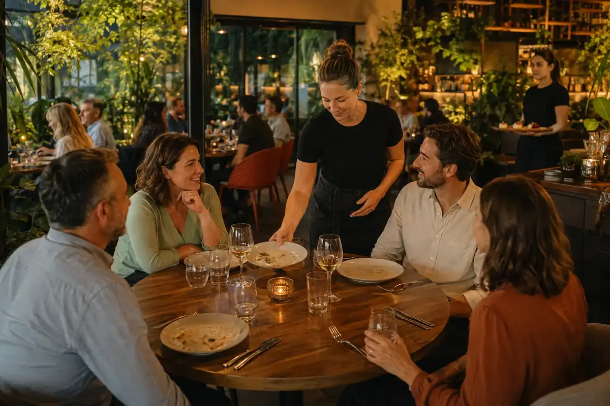A server attending a table of four in a warm, full dining room