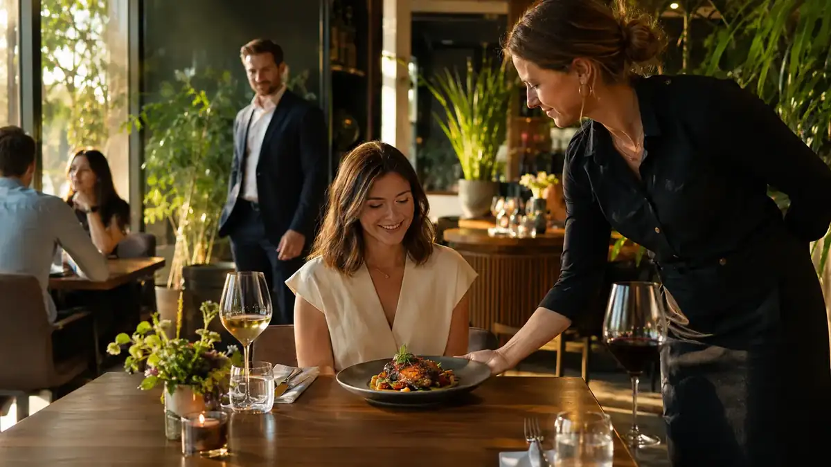 A server presenting a plated entrée to a guest at a warmly lit table